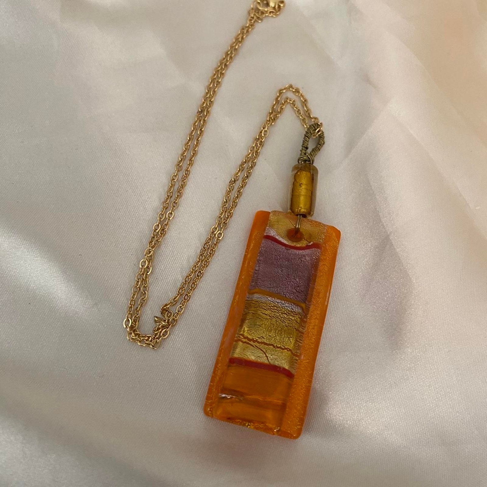 Hand Blown Glass Pendant Amber Orange Two Piece Metallic Foil Artisan Necklace 35$